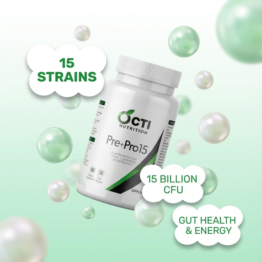 OCI Nutrition Pre-Pro15 supplement bottle with green background and bubbles