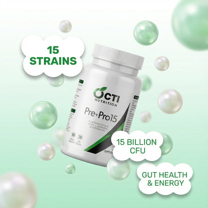 OCI Nutrition Pre-Pro15 supplement bottle with green background and bubbles