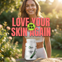 Woman standing outdoors with a supplement bottle labeled 'OCTI Nutrition Collagen Plus' and promotional text overlay.