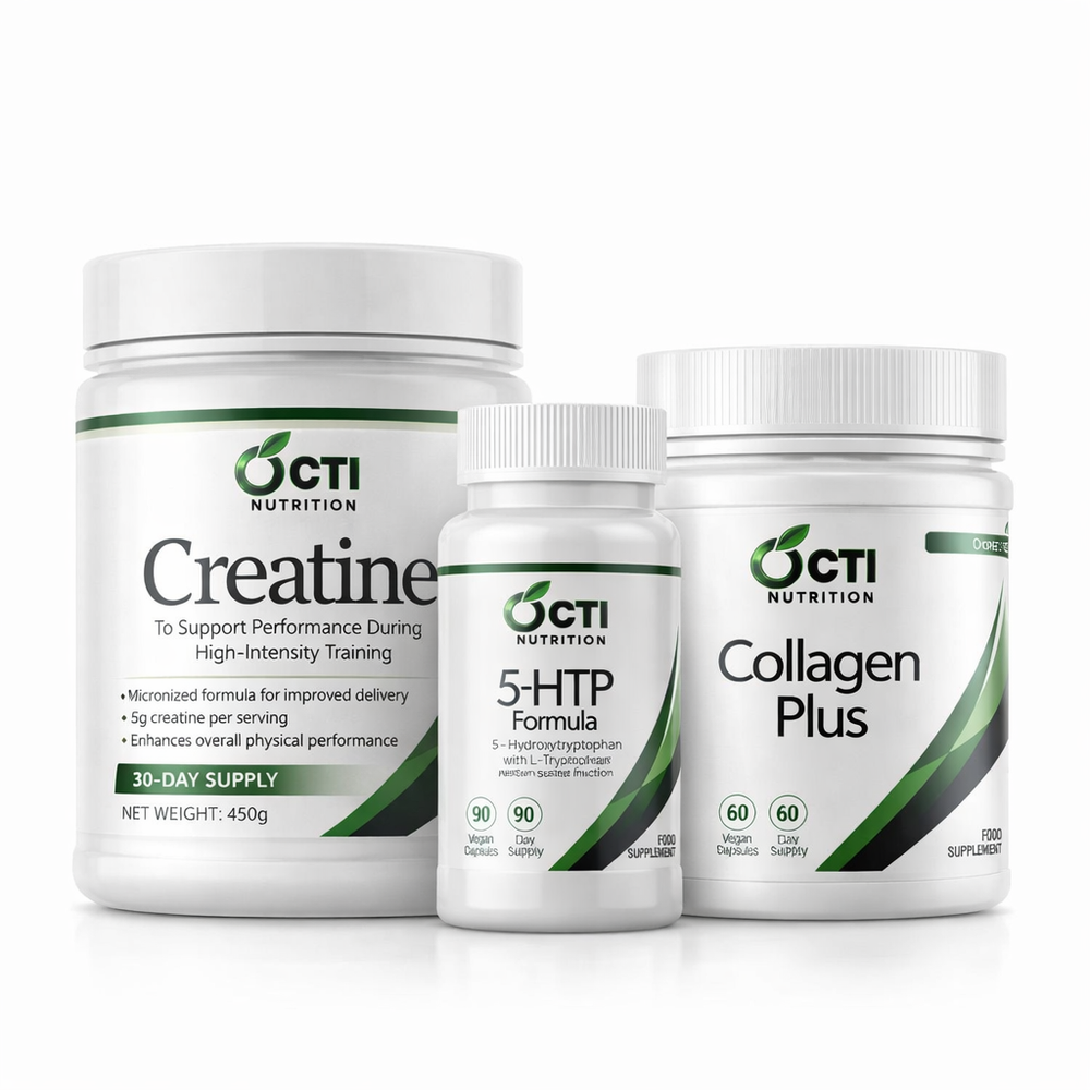 Three supplement containers from OCTI Nutrition on a white background