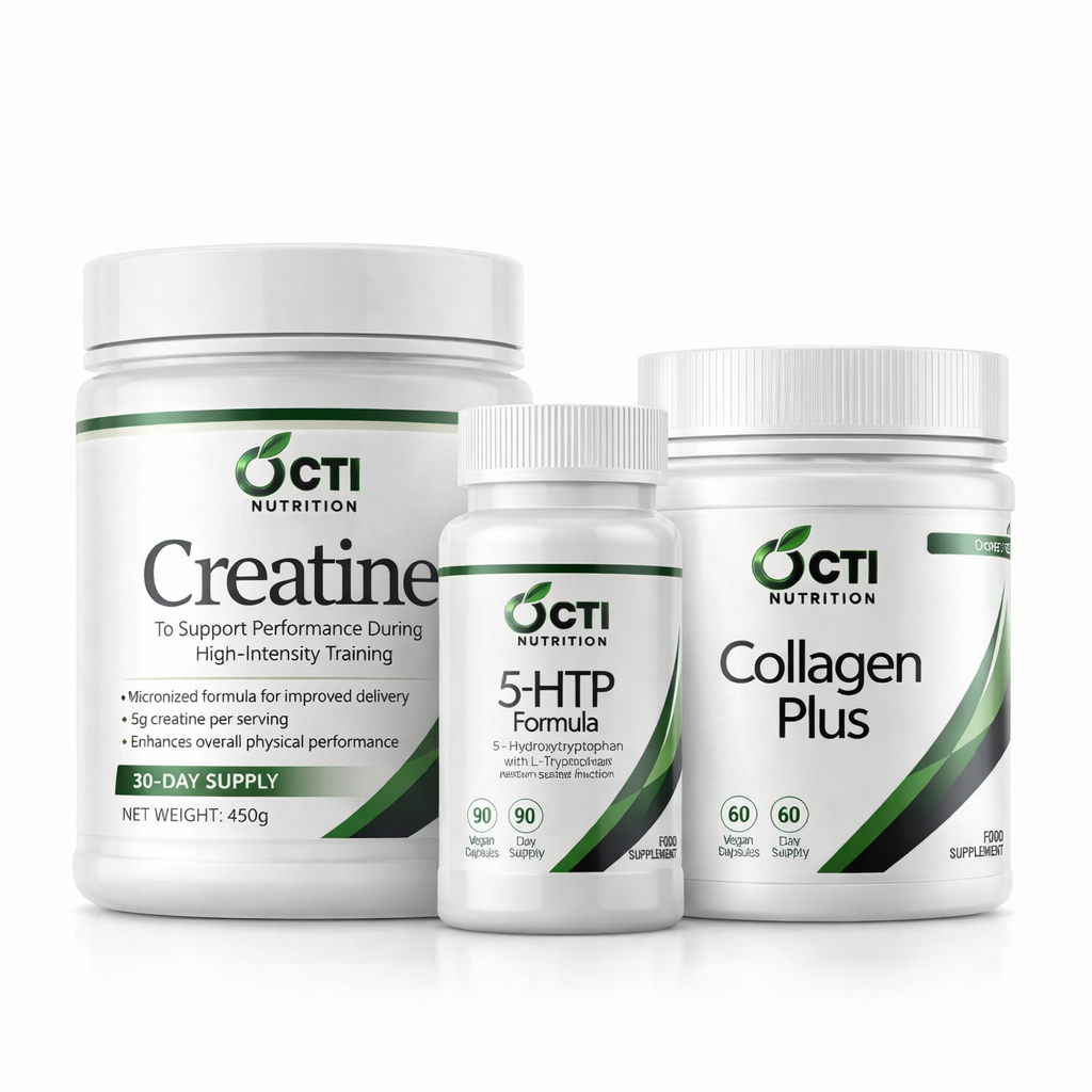 Three supplement containers from OCTI Nutrition on a white background