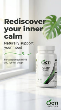 Bottle of OCTI Nutrition 5-HTP supplement on a white surface with a window and plant in the background.