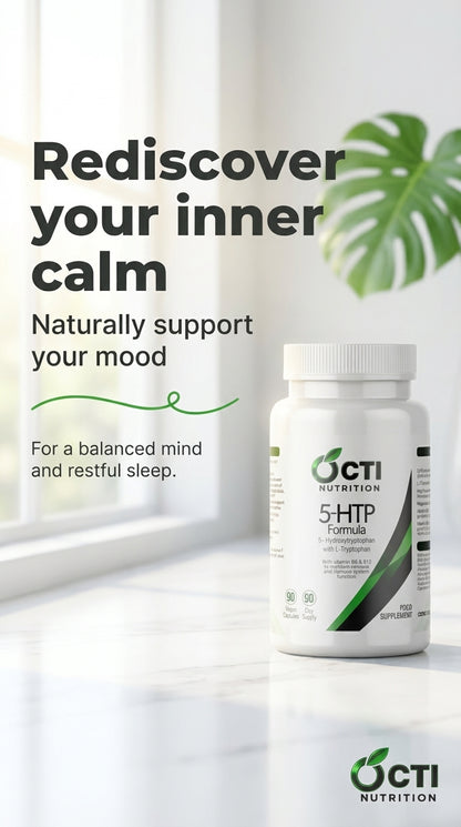 Bottle of OCTI Nutrition 5-HTP supplement on a white surface with a window and plant in the background.
