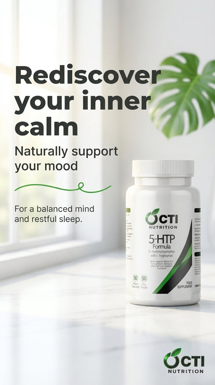 Bottle of OCTI Nutrition 5-HTP supplement on a white surface with a window and plant in the background.