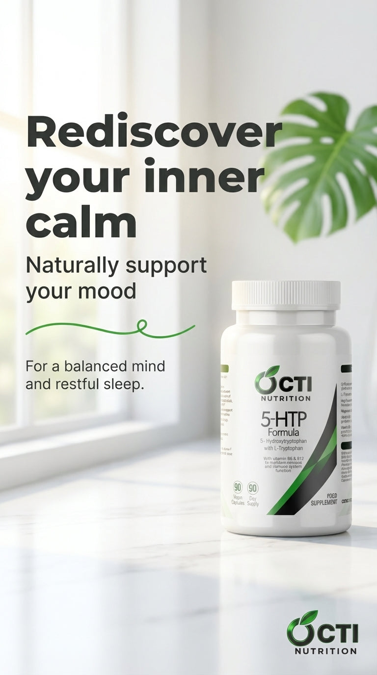 Bottle of OCTI Nutrition 5-HTP supplement on a white surface with a window and plant in the background.