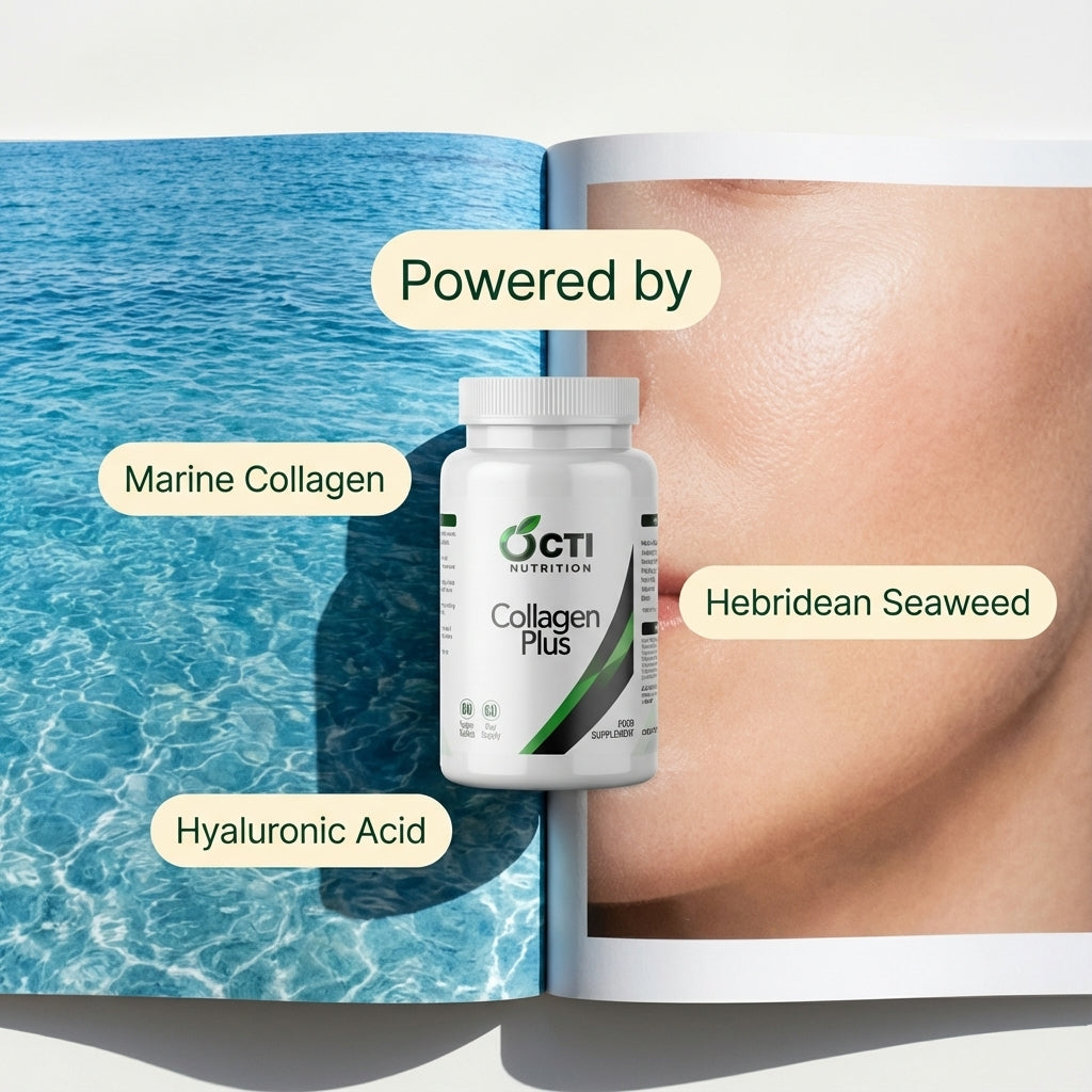 Collagen Plus supplement bottle with ocean and skin background