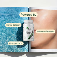 Collagen Plus supplement bottle with ocean and skin background