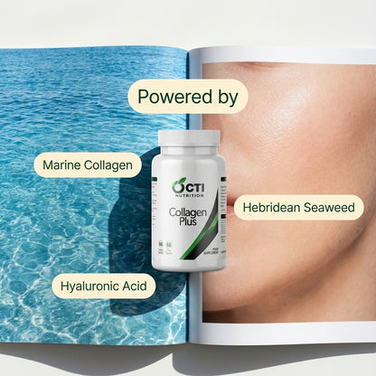 Collagen Plus supplement bottle with ocean and skin background