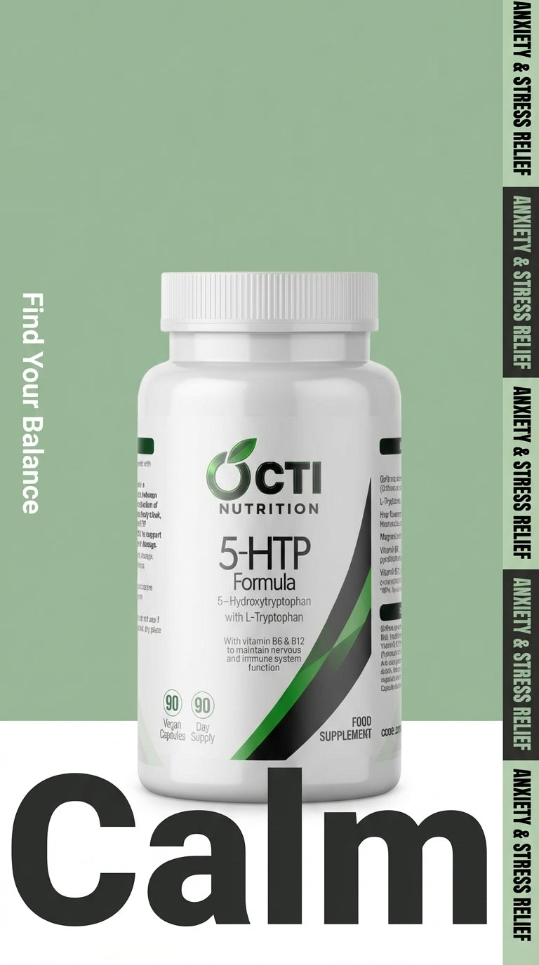 Supplement bottle labeled 'OCTI Nutrition 5-HTP Formula' on a green background with text about anxiety and stress relief.