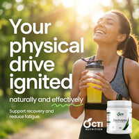 Woman holding a supplement container with text about physical drive and recovery, set against a natural background.