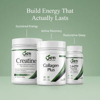 Three supplement bottles labeled 'Creatine', 'Collagen Plus', and '5-HTP Formula' on a green background with text about energy benefits.