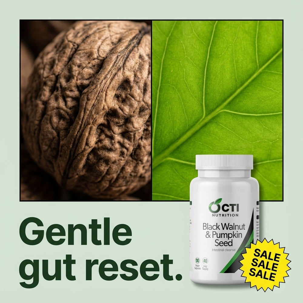 OCTI Black Walnut & Pumpkin Seed supplement bottle with a walnut and leaf on a light green background