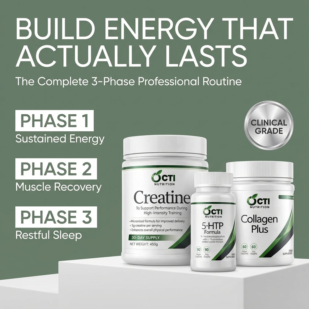 Oci Nutrition supplement products with labels for Sustained Energy, Muscle Recovery, and Restful Sleep on a green background.