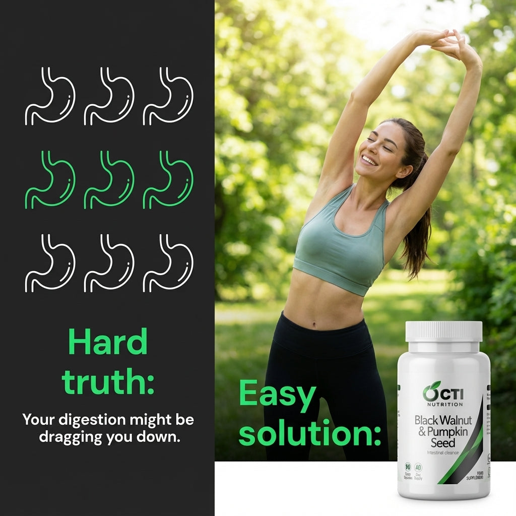 Woman exercising outdoors with a supplement bottle labeled 'OCTI' on a green background