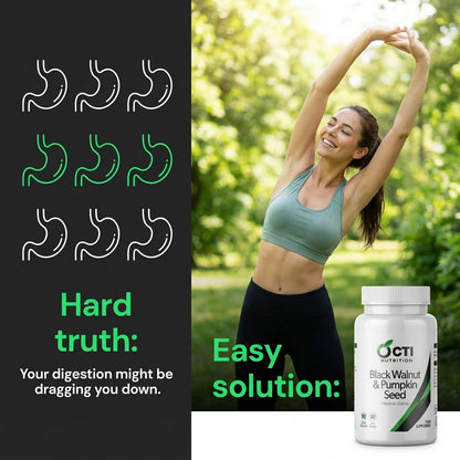 Woman exercising outdoors with a supplement bottle labeled 'OCTI' on a green background