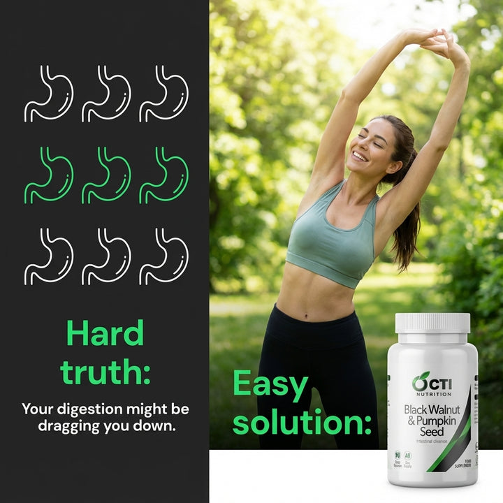 Woman exercising outdoors with a supplement bottle labeled 'OCTI' on a green background