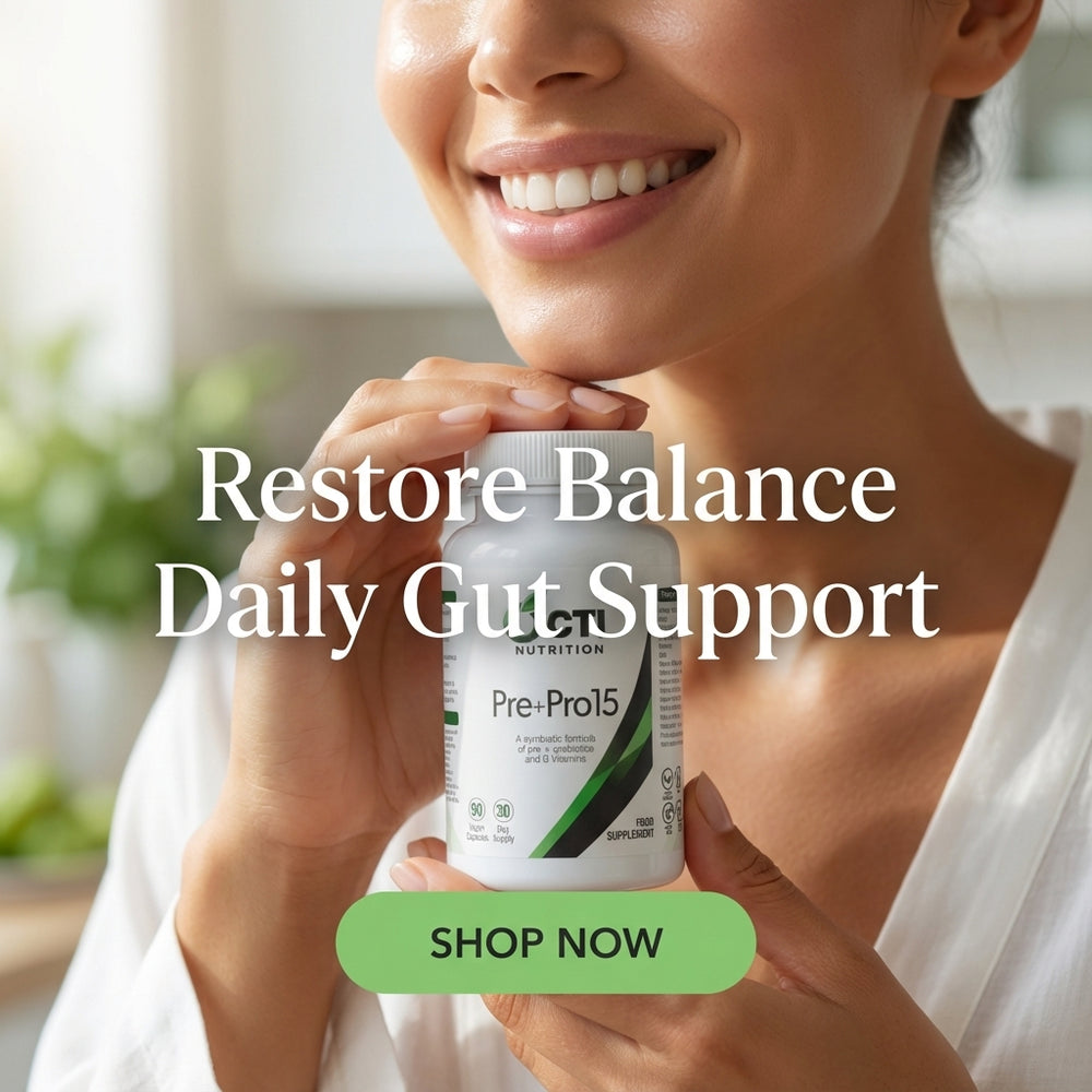 Woman holding a supplement bottle with text 'Restore Balance Daily Gut Support' and 'Shop Now' button.