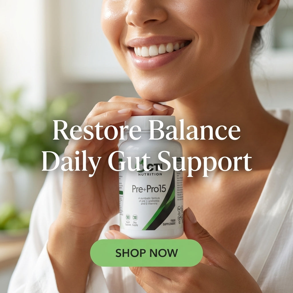 Woman holding a supplement bottle with text 'Restore Balance Daily Gut Support' and 'Shop Now' button.