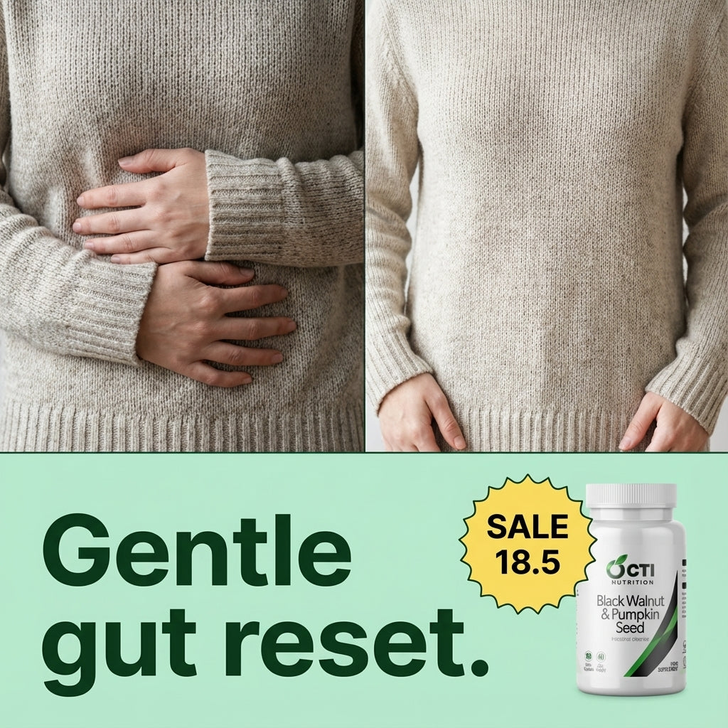 Person wearing a beige sweater with text 'Gentle gut reset' and a product image on a green background.