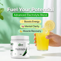 Electrolyte supplement container and glass of lemonade with text 'Fuel Your Potential' and benefits listed.