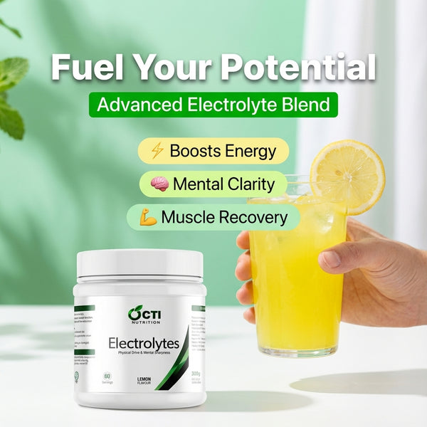 Electrolyte supplement container and glass of lemonade with text 'Fuel Your Potential' and benefits listed.