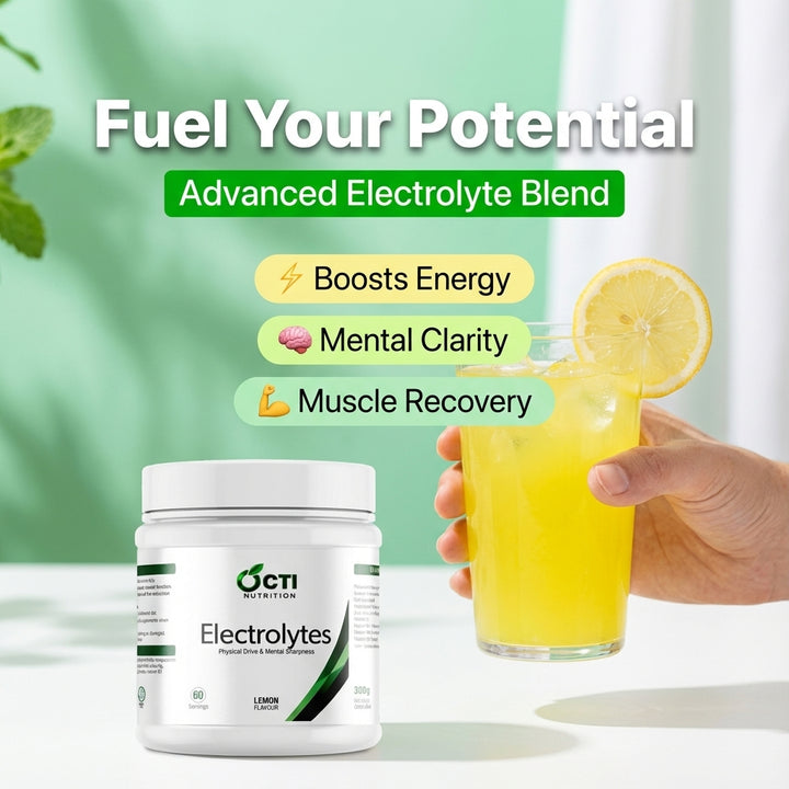 Electrolyte supplement container and glass of lemonade with text 'Fuel Your Potential' and benefits listed.