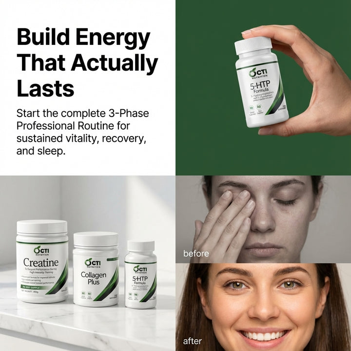 Advertisement for a supplement brand with product bottles and a transformation before-and-after image.