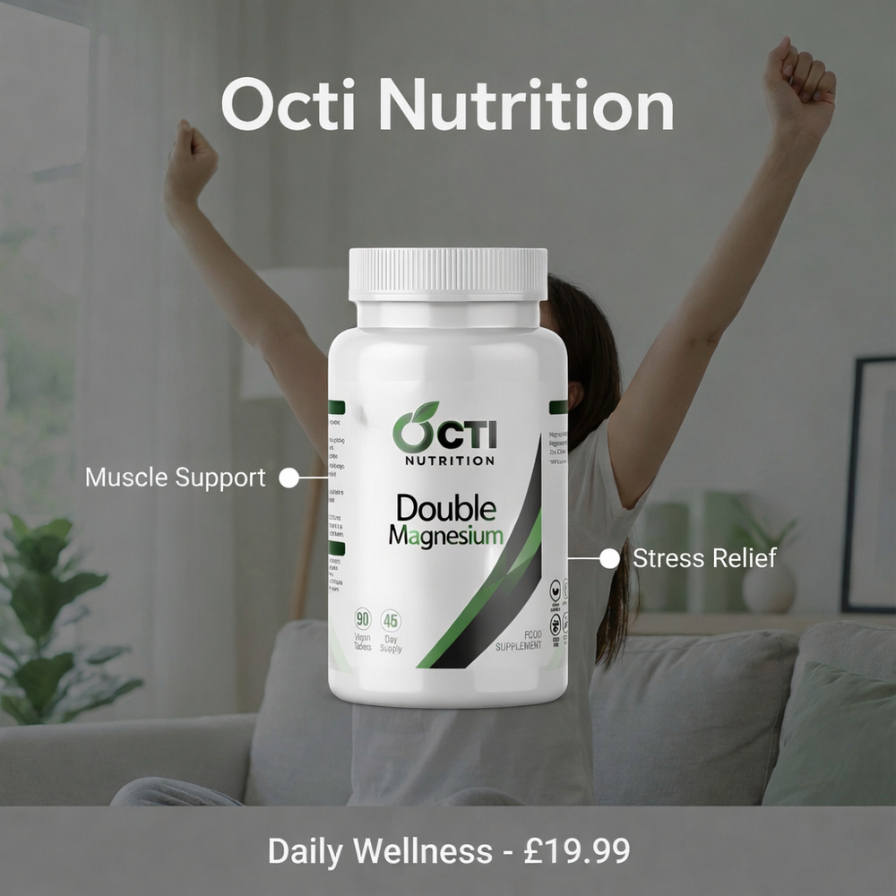 Octi Nutrition Double Magnesium supplement bottle with a blurred background of a person stretching.