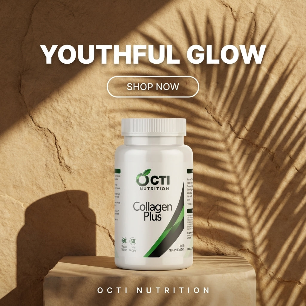 OCTI Nutrition Collagen Plus supplement bottle on a textured stone surface with 'Youthful Glow' text.
