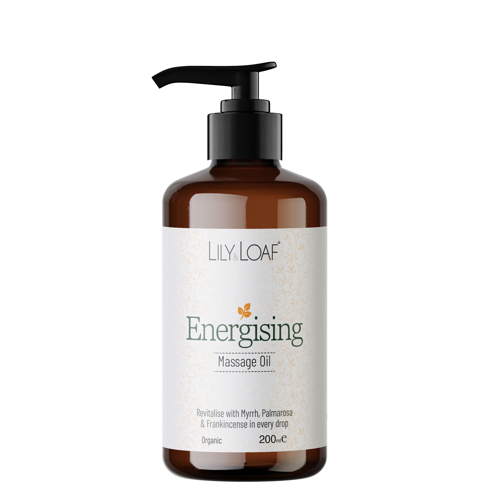 Brown bottle of Lily Loaf Energising Massage Oil on a white background