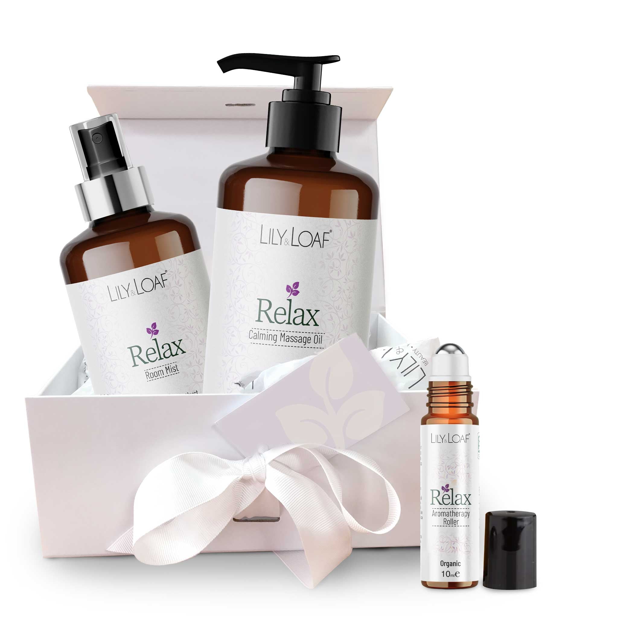 Lily Loaf Relax product set with massage oil, roller bottle, and cream on a white background