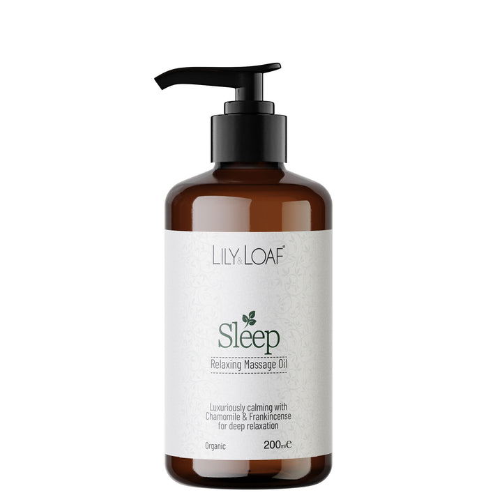 Brown bottle of Lily Loaf Sleep Relaxing Massage Oil on a white background