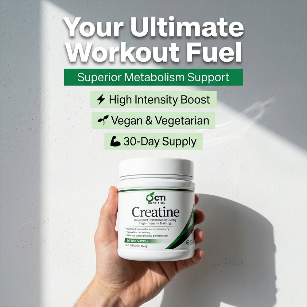 Hand holding a creatine supplement container with promotional text on a light gray background