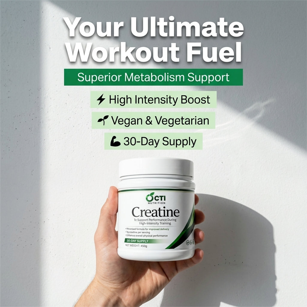Hand holding a creatine supplement container with promotional text on a light gray background