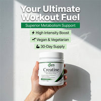 Hand holding a creatine supplement container with promotional text on a light gray background