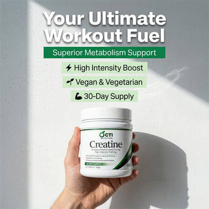 Hand holding a creatine supplement container with promotional text on a light gray background