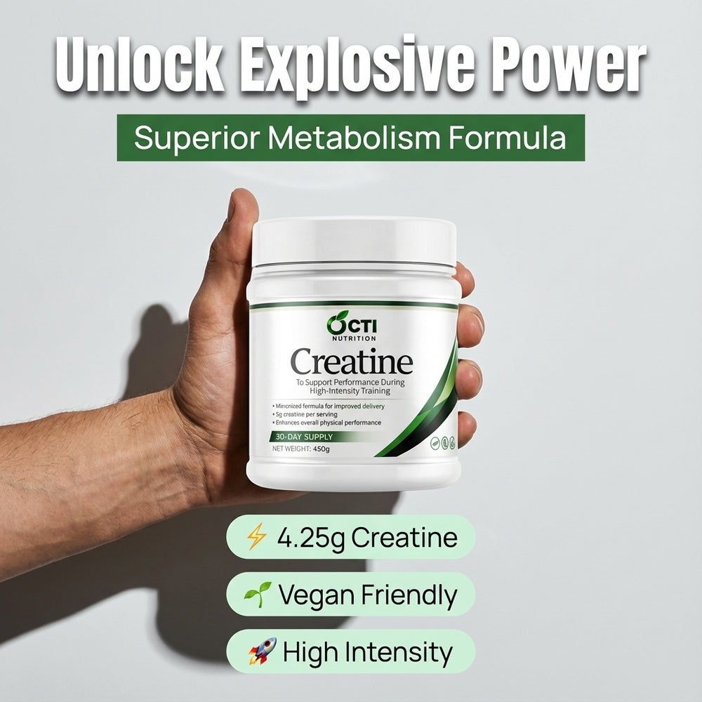 Hand holding a container of Octi Creatine with promotional text on a light gray background