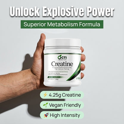 Hand holding a container of Octi Creatine with promotional text on a light gray background