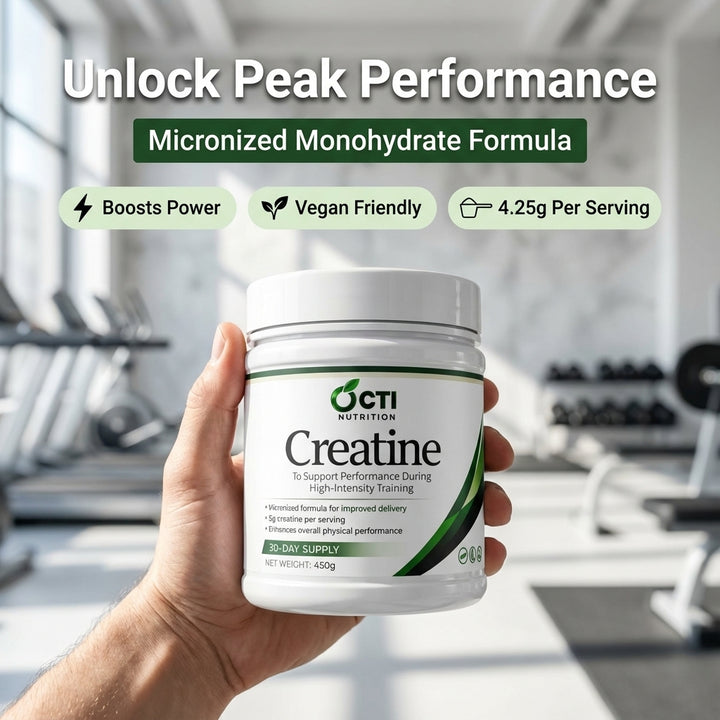 Person holding a container of Octi Nutrition Creatine in a gym setting