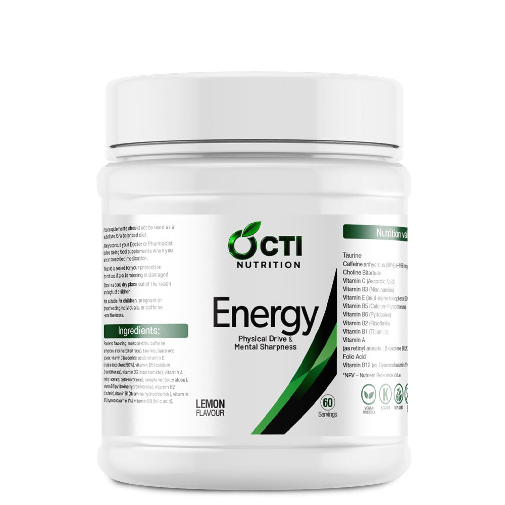 White container of OCTI Nutrition Energy supplement on a white background