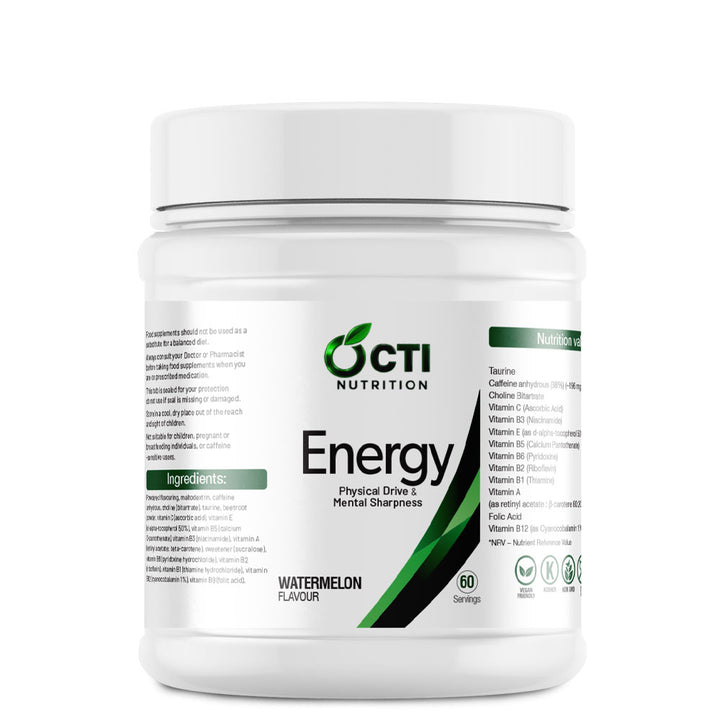 White container of OCTI Nutrition Energy supplement on a white background