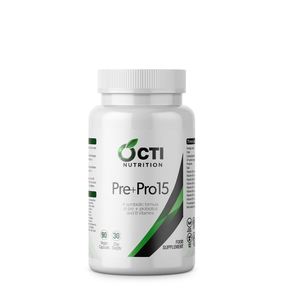Supplement bottle labeled 'Pre+Pro15' by OCTI Nutrition on a white background