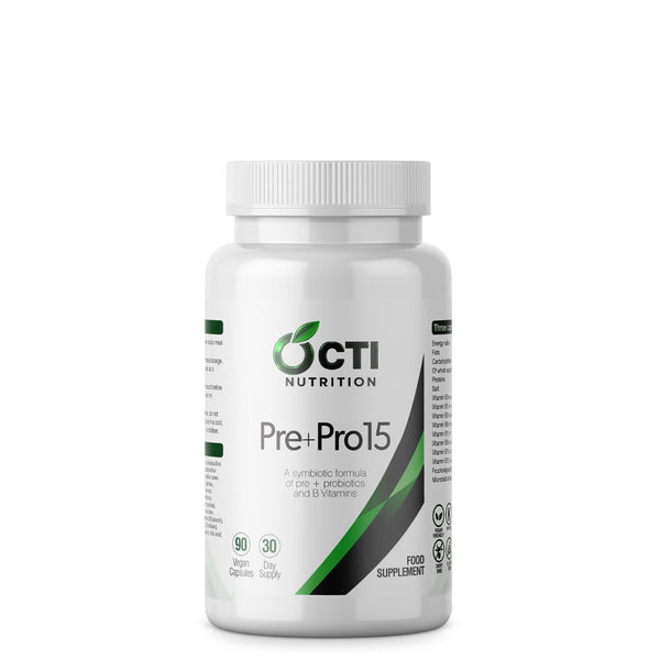 Supplement bottle labeled 'Pre+Pro15' by OCTI Nutrition on a white background