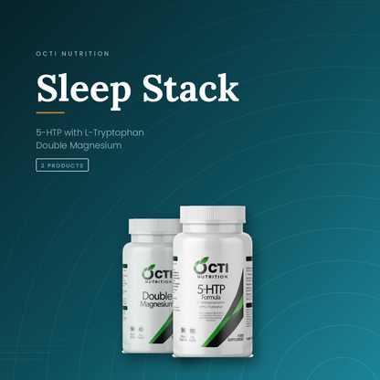 Octi Sleep Stack — 5-HTP and Double Magnesium bottles on a deep teal background