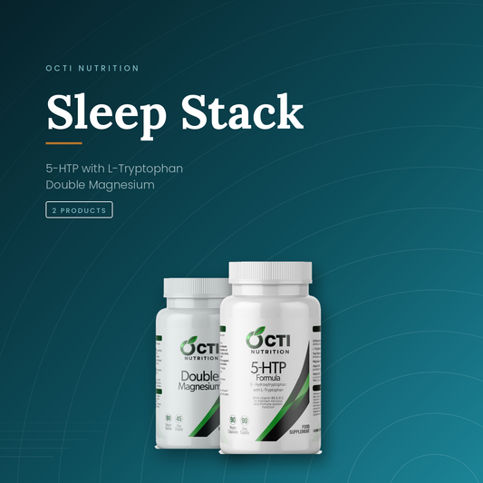 Octi Sleep Stack — 5-HTP and Double Magnesium bottles on a deep teal background